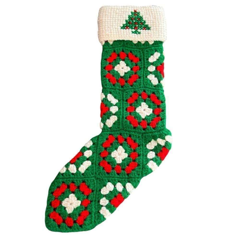 Handmade Crochet Green & Red Christmas Stocking Festive Holiday Decor.